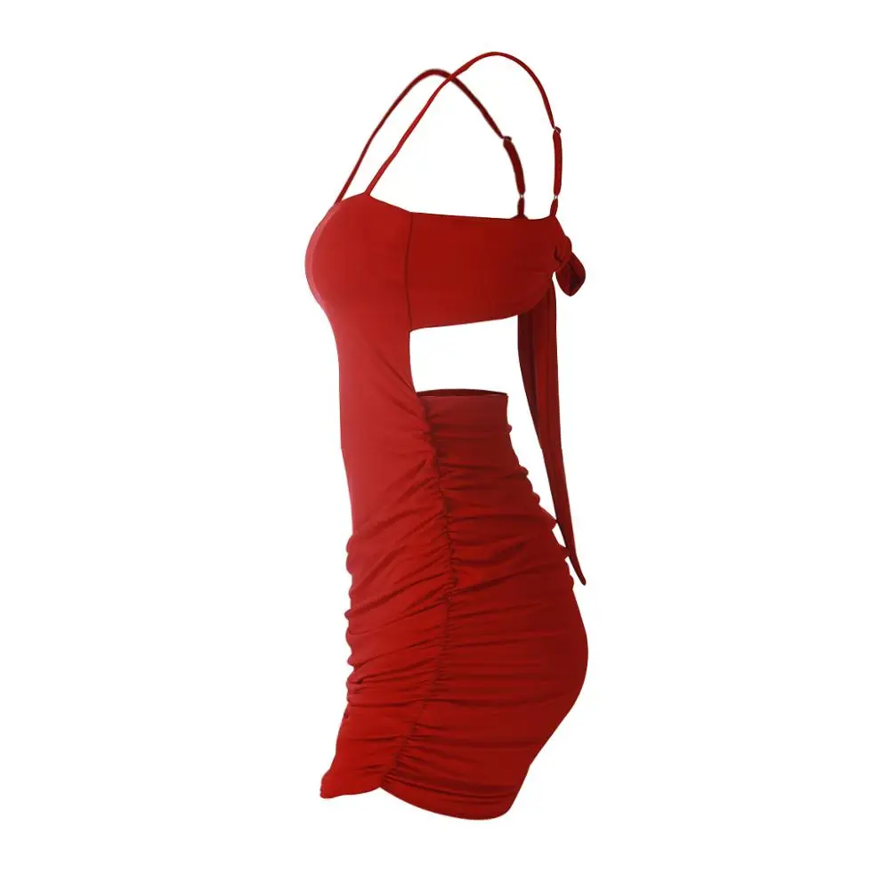 Women Summer Slim Sexy Tube Pencil Club Night Hip Backless Spaghetti Strap Ruched Bodycon Cut Out Dress