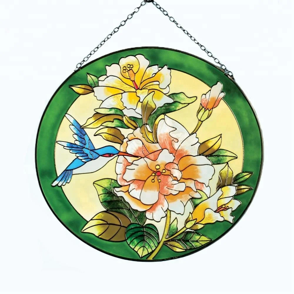 Stained Glass Suncatcher with Hummingbird and Flower Design