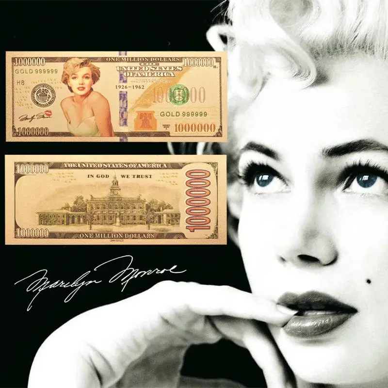 Amazon New Sale Custom Gold 999999 One Million Dollars Color Marilyn Monroe Coins Gold Foil Banknote For Collection