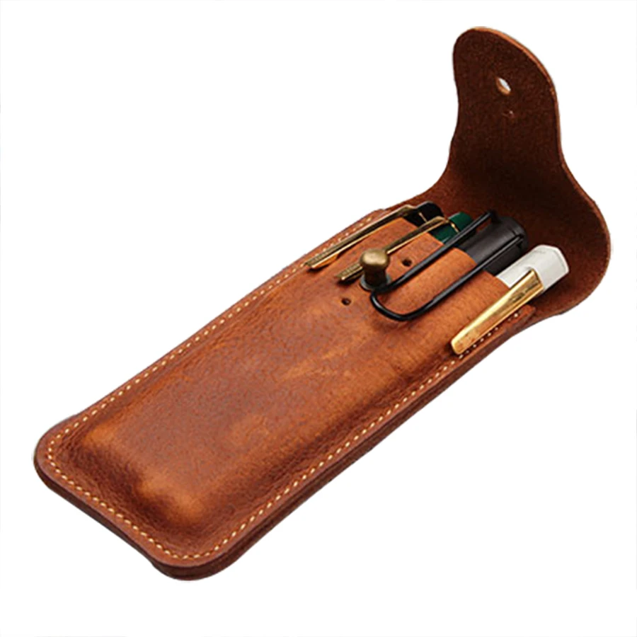 fit 4 pens leather pen pouch with bronze alloy snap