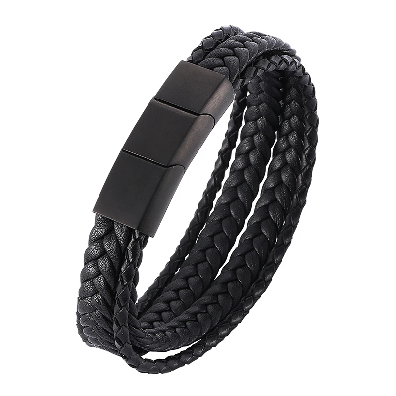 Fashionable Jewelry Multi Layer Leather Braided Bracelet Stainless Steel Black Magnet With Genuine Leather Bracelet Men