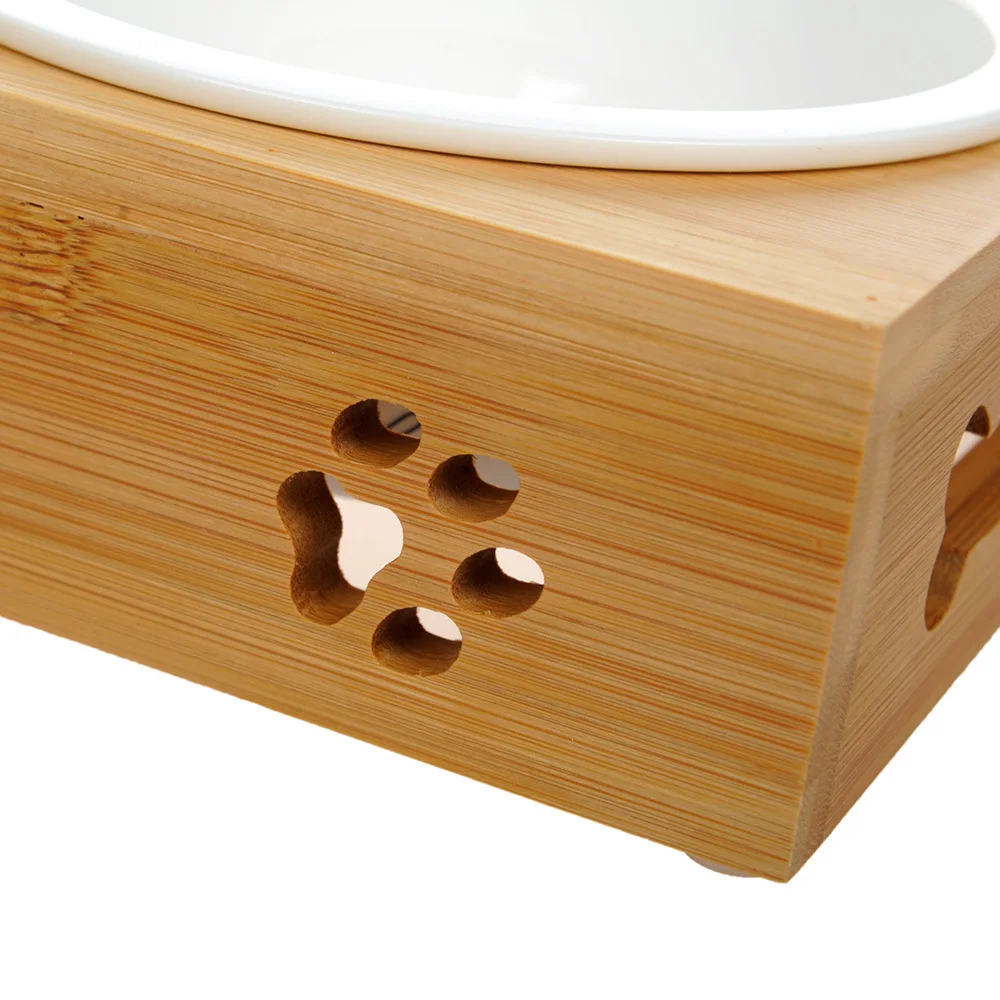 Pet Food Bowl Cat shape Wooden Stand Bamboo Stand With Ceramic Bowl for Small Animal Puppy and Cat