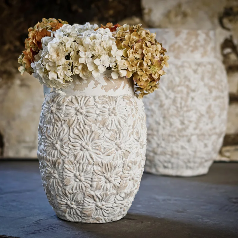 Fiber cement material garden decor flower pots wholesale shabby chic white plant pot