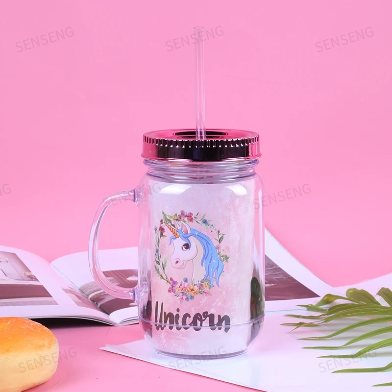 Подарки с единорогом, Большая внутренняя бутылка с блестками, розовая пластиковая ручка, чашка с соломинкой