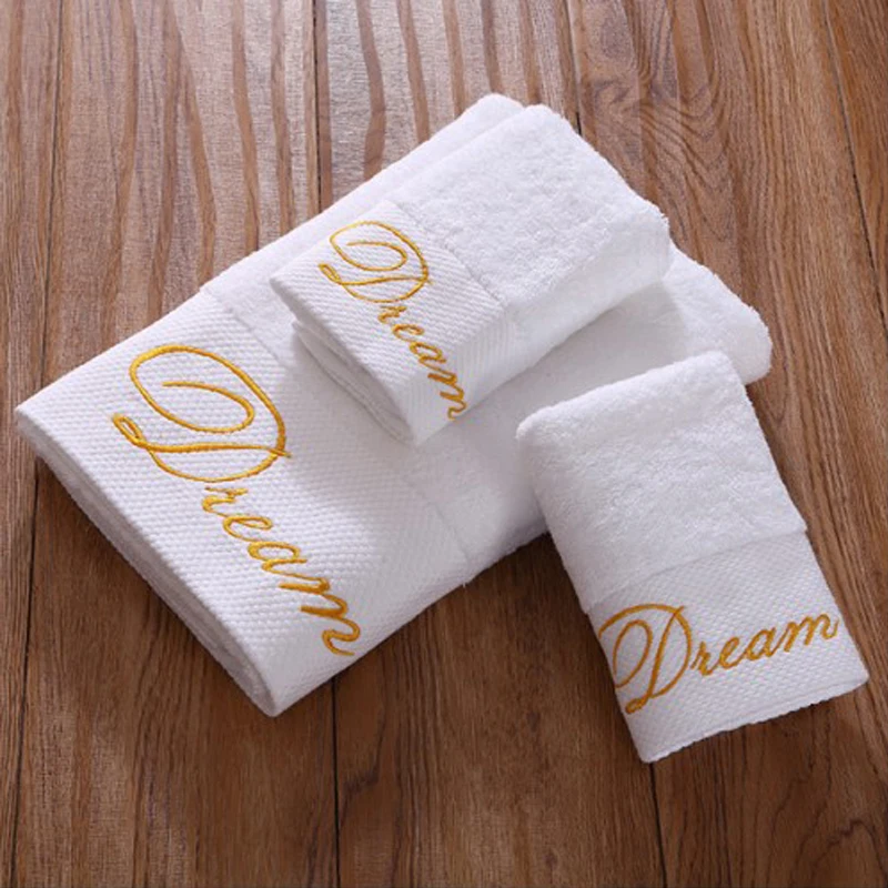 Hot Selling custom hotel logo white towels 100% Cotton Dobby border Bath Towel Sets for spa bathroom