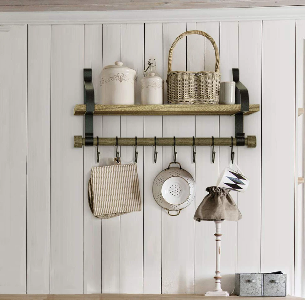 Rustic Kitchen Organizer with Wooden Board And Removable Hooks Organising Cooking Utensils Multi-Use as Spice Rack