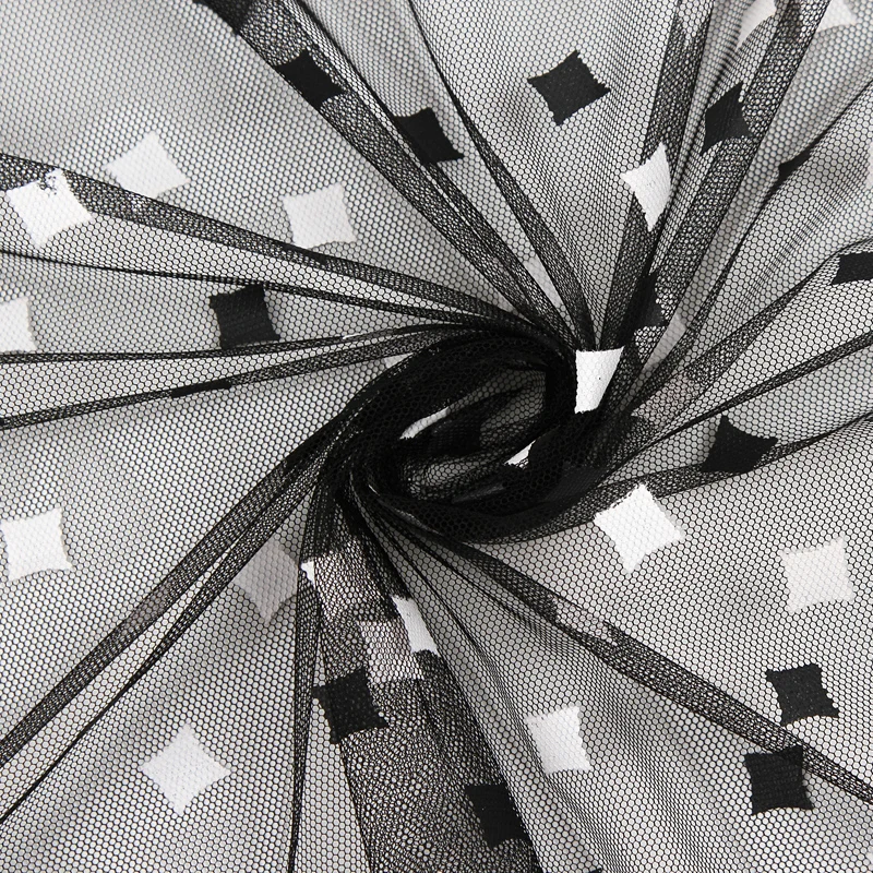 
New product hot sale rules geometric fashion shiny diamond black breathable mesh fabric 