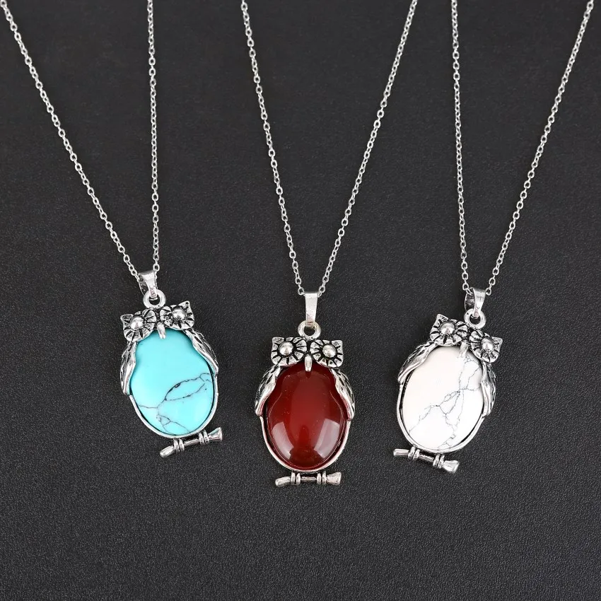 Vintage Owl Necklace Pendant with Birthstone Chakra Crystal Jewelry for Women and Men