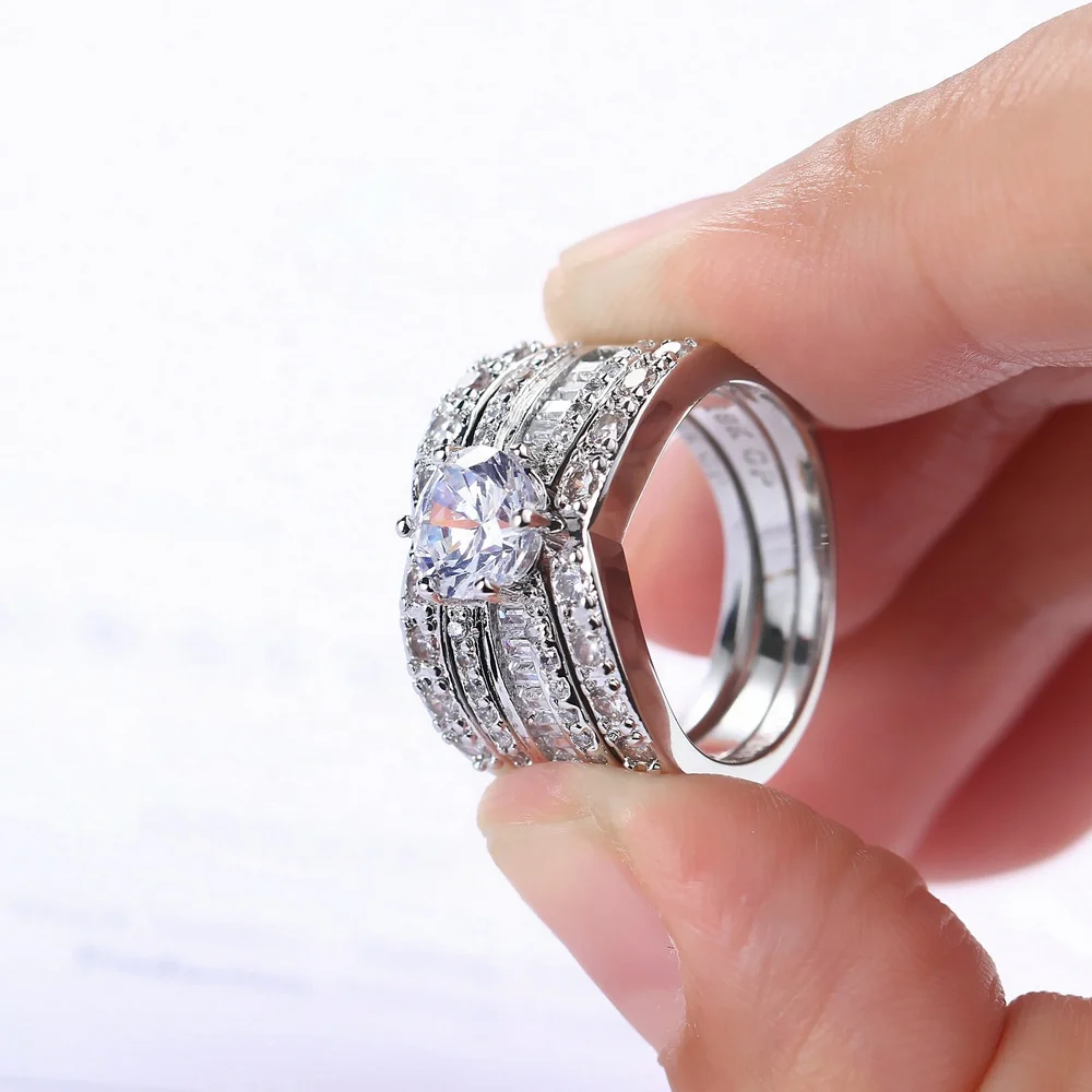 Oem design elegant fashionable low moq 18k white gold 3 piece cz engagement wedding rings sets for women YG018