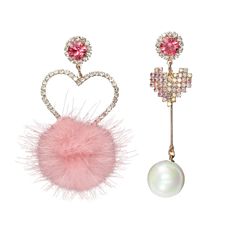 fashion crystal heart shaped drop earrings pom pom fur ball earrings Korean plush ball earrings