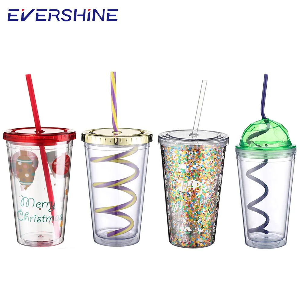 Promotional eco friendly wine coffee clear reusable custom 16oz glitter tumbler cups double wall plastic tumbler with straw