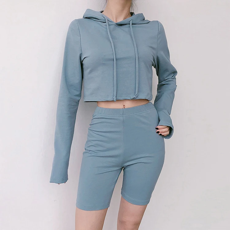 Wholesale Women Sports 2 Pieces Crop Top Hoodie Shorts Set two piece pants set