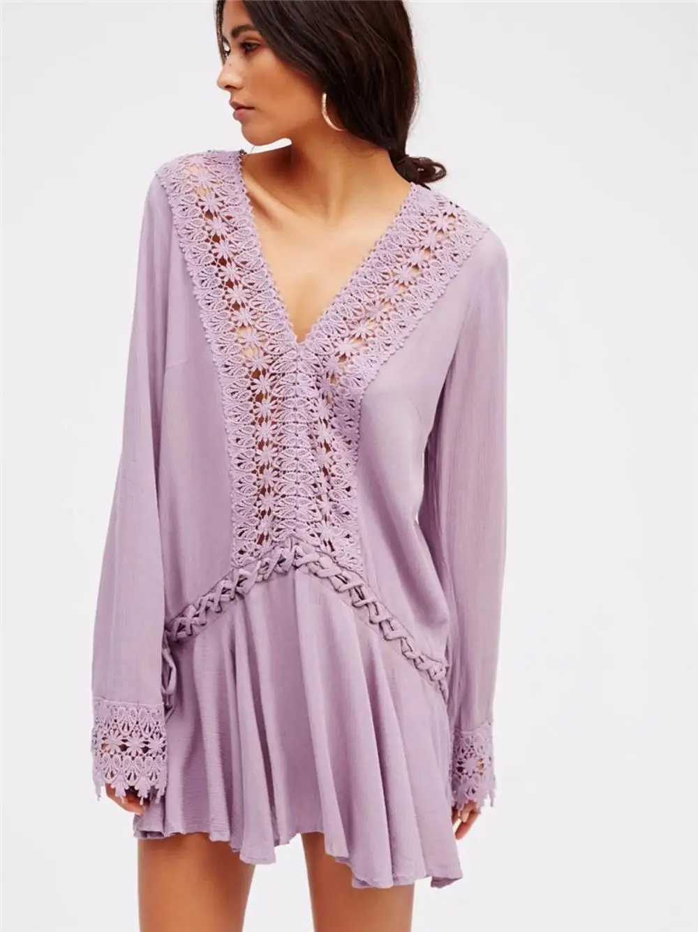 Lady V-Neck Long Sleeve Boho Sexy Deep Hook-Out Openwork Lace Midi Dress