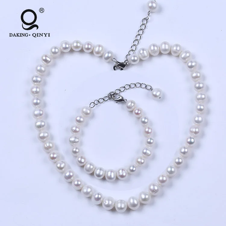 Simple Sterling Sliver plated real freshwater potato pearl necklace  jewelry set