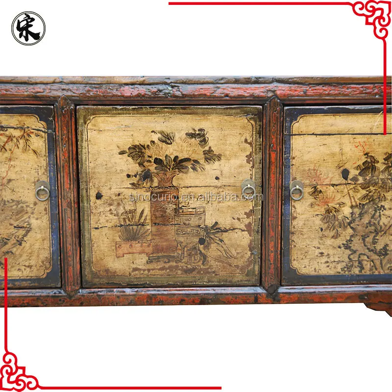 Antique Reproduction Painted High Glossy Sideboard Vintage Wooden Cupboard Chinese Style Cabinet Buffet