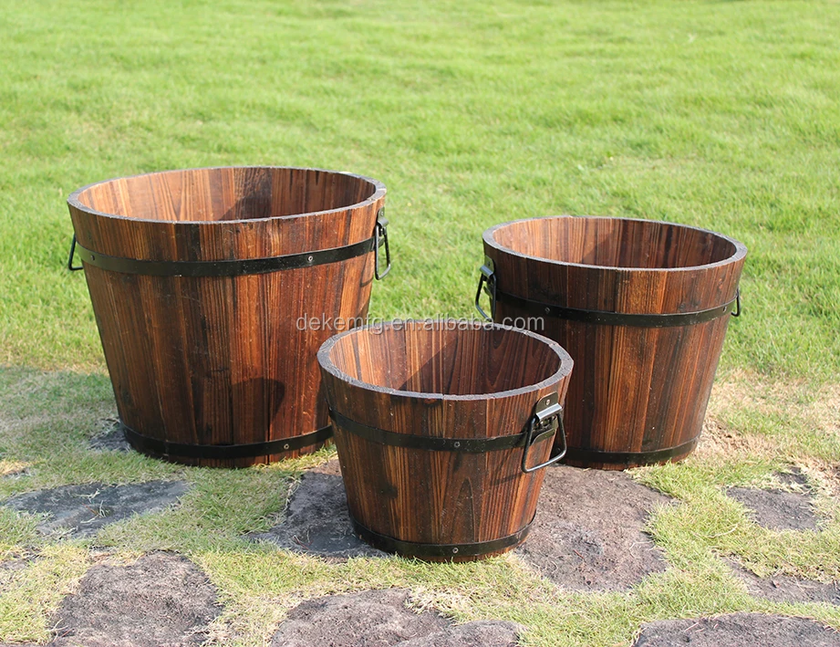 Outdoor Solid Cedar Wood Barrel Set Of 3 Planter Set Wood Flower Pots Wood Barrel Planter
