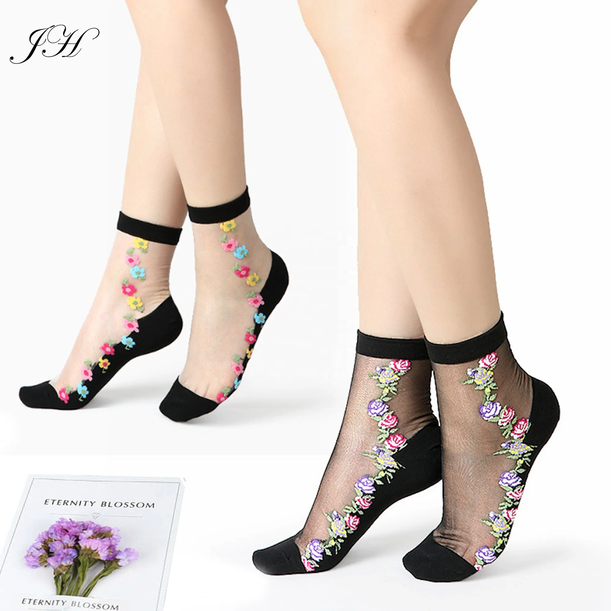 2019 New Women Floral Jacquard Ankle Socks Transparent Slippery Cotton Bottom Lace Thin Crystal Silk Casual Sock