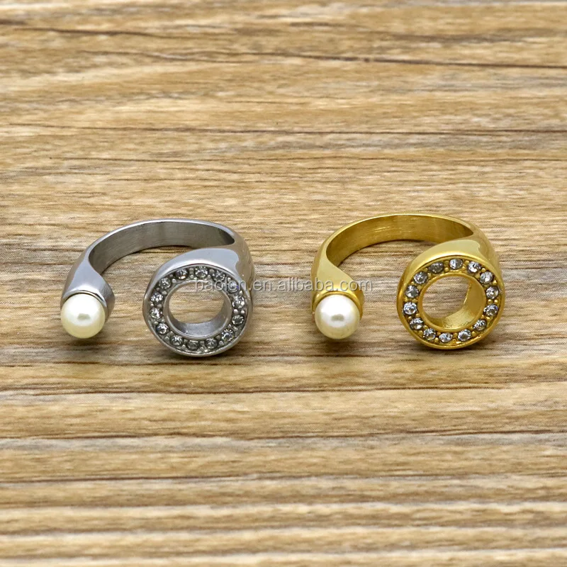 Gold Color Stainless Steel Imitation Pearl Ring For Women Anniversary Made Crystal Rings Brand Luxury Jewelry