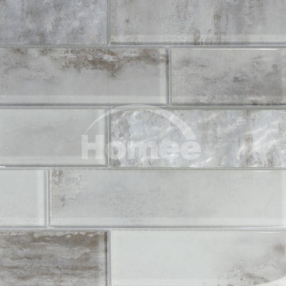 building decoration mesh mounted inkjet printing cement design kitchen backsplash crystal grey strip glass mosaic tile sheets