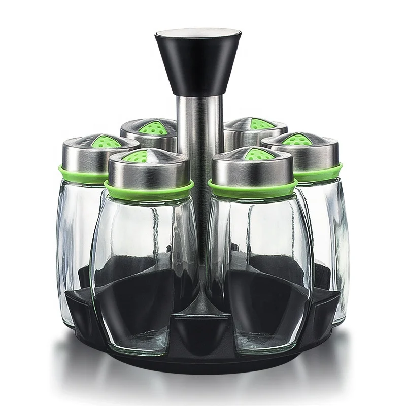 High quality stainless steel Rotary  Spice Jar set Glass condiment pot/bottle with spice rack