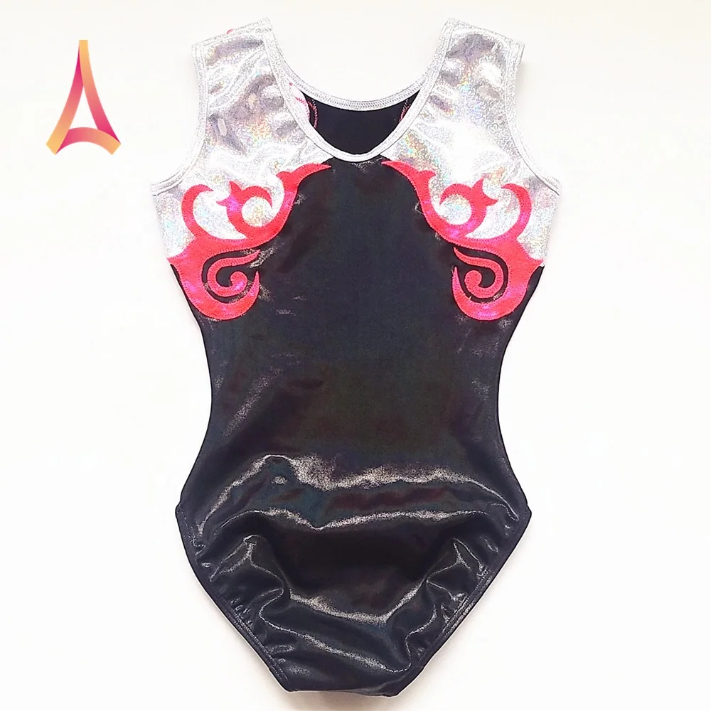 Sophisticated Swirl Trim Shiny Pink Gymnastics leotards for girls
