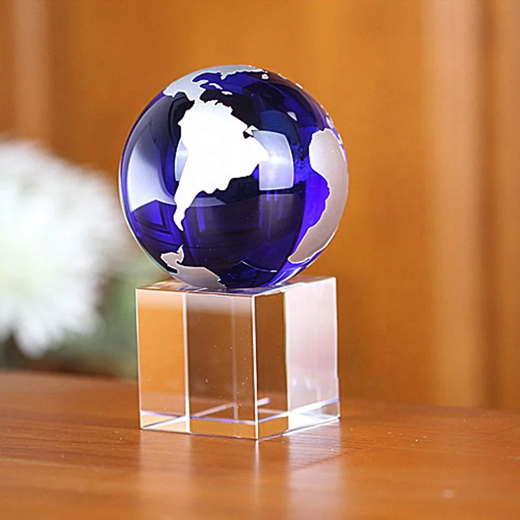 Exquisite blue crystal world globe and base