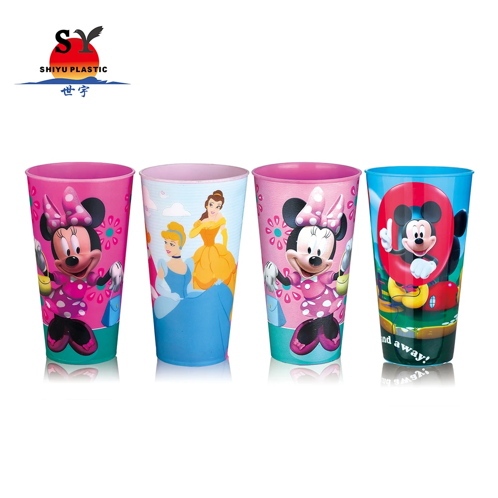 Low price 550ml cartoon snack reusable flower stackable branded 3d reusable kids drinking plastic cup with lids and straw