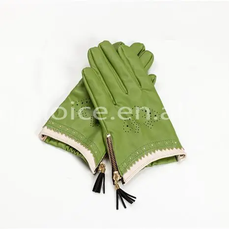 girl spring green short gloves hollow out back hand leather gloves with wonderful cambered cuff