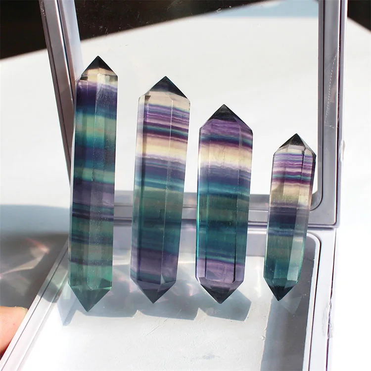 Polished Folk Art Rainbow Quartz Wand Polished Rainbow Fluorite Double Terminated Crystal Point