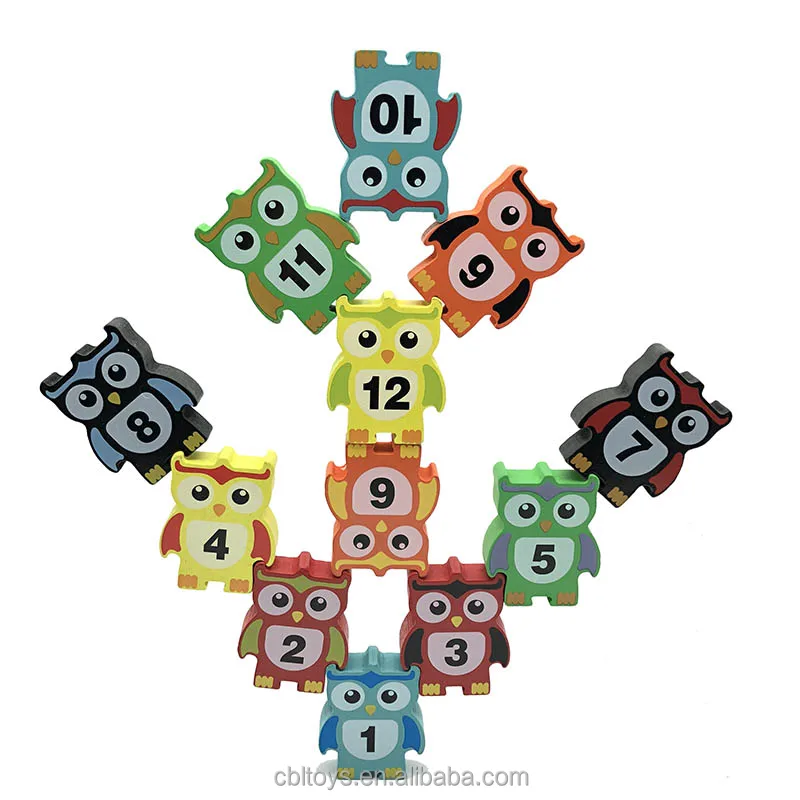 wooden building blocks bricks stacking owl balance educational game cute owl with numbers for kis CBL3087