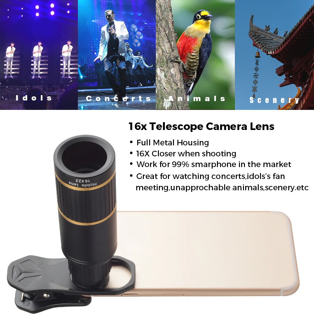 APEXEL 16X Mobile Camera Lens Telescope Fisheye Wide Angle Macro Universal Clip 6 in 1 Cell Phone Camera Lens Kit for iPhone X