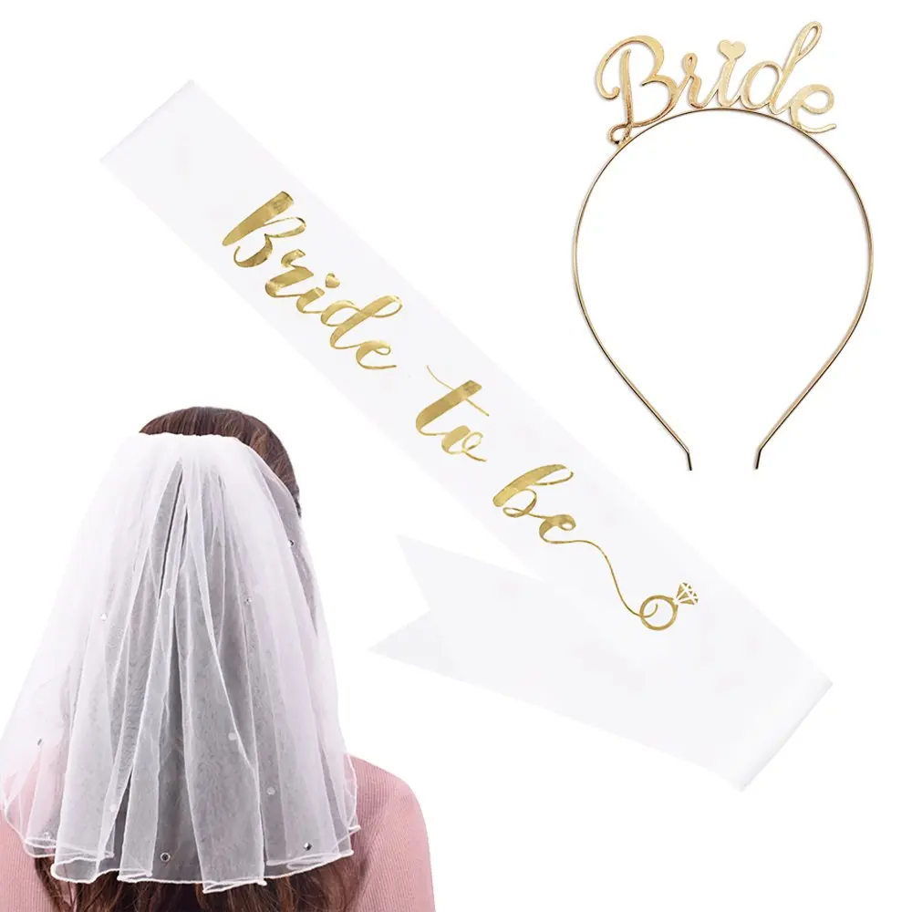 Bride To Be Sash & Headband Tiara & Shoulder Length Veil Set Accessories for Bachelorette Party Bridal Shower Hen Party