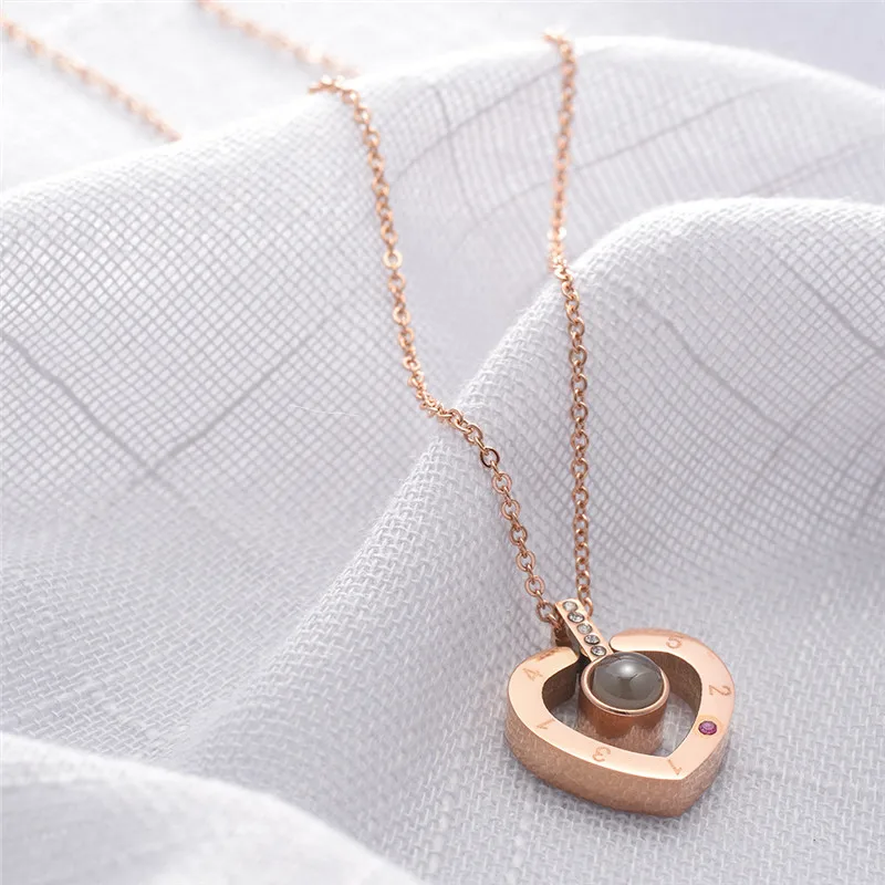 
Stainless Steel Rose Gold Silver Plated Love Memory Wedding Necklace 100 languages I love you Projection Pendant Necklace 