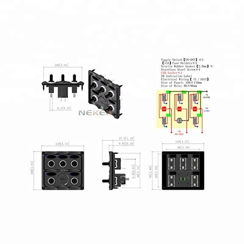 ABS Rocker switch panel 1A 2.1A 15A Fuse Marine Toggle Switch Panel With USB Charger Socket