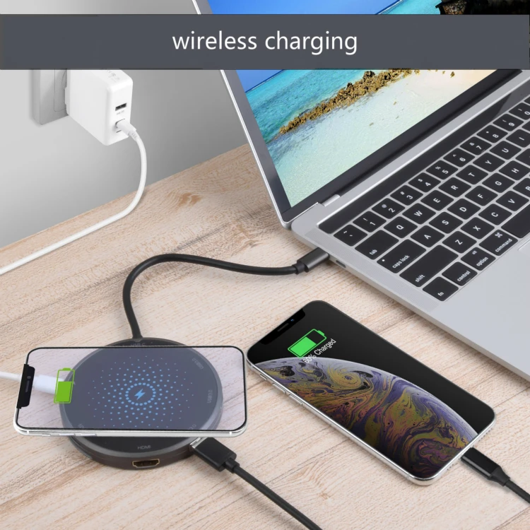 IKATAK New 8 in 1 Multi Type C Dock 4K HD USB3.0 PD Charging USB C Wireless Charger Hub