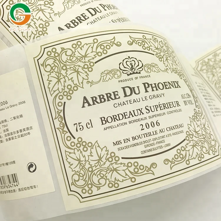 Waterproof custom wine bottle adhesive sticker labels printing