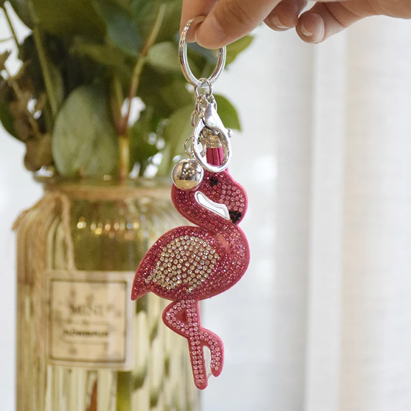 LOCACRYSTAL Brand Rhinestone Flamingo Shaped Leather Keychain with Tassel