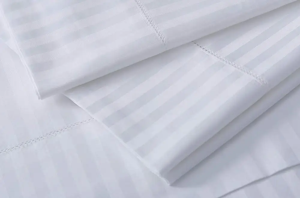 Home Linen 600 Thread Count 100% Cotton Sheets, 1CM Damask Stripe White Queen Sheets 4 Piece ELS Cotton Bed Sheet Set