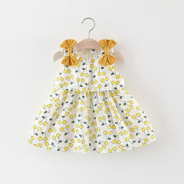 
High quality wholesale cherry printing and bow dresses for baby girls 