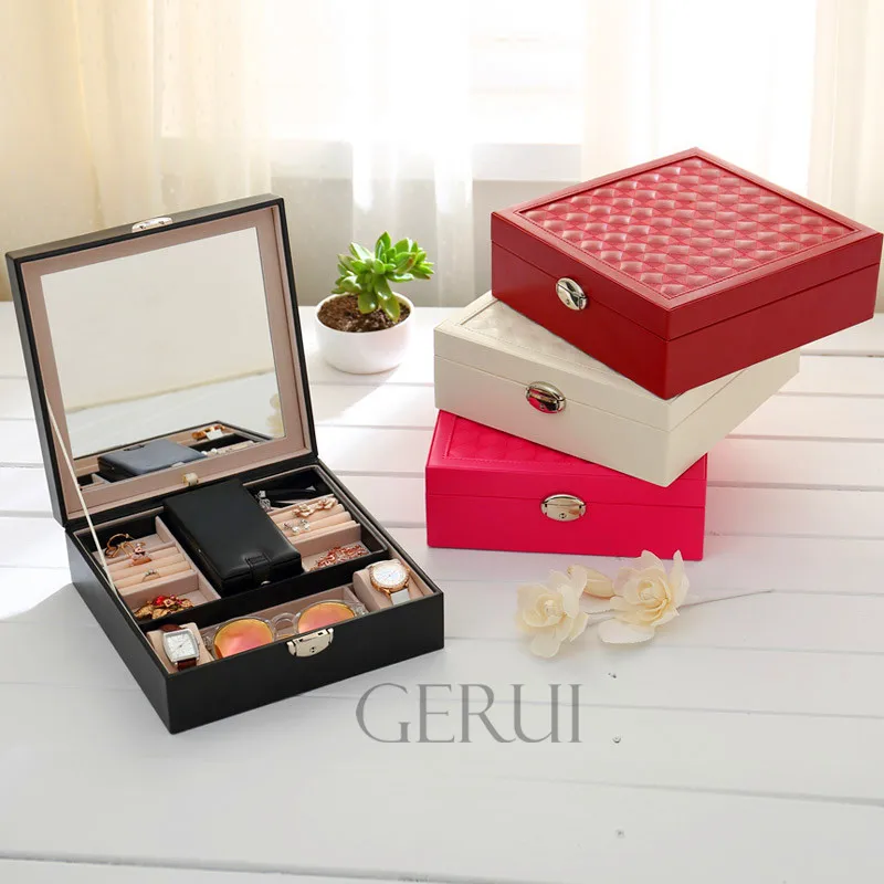 Wholesale Black Leather Foldable Lock Mirrored Jewelry Trinket Box With Mini Gift Box Inside