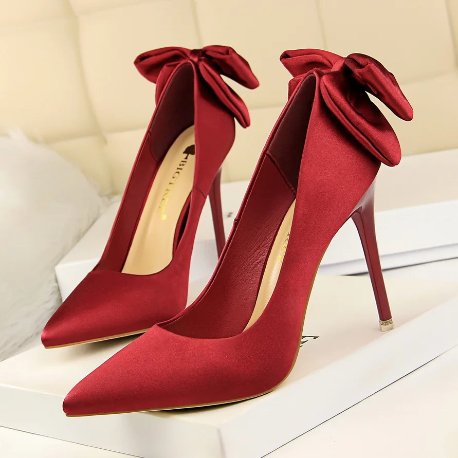 Korean fashion beautiful women dress stiletto slim thin satin back bow high heel shoes