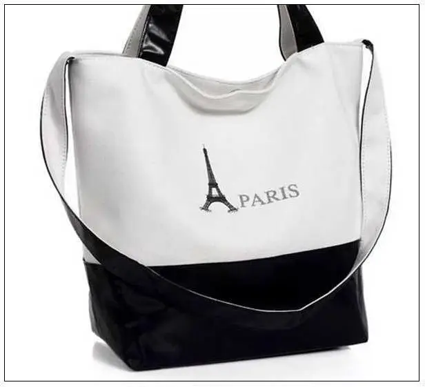 
PU Canvas Beach Towel Bag, PARIS Eiffel Tower Print Canvas Handbag Shoulder Bags Shopping Bags 