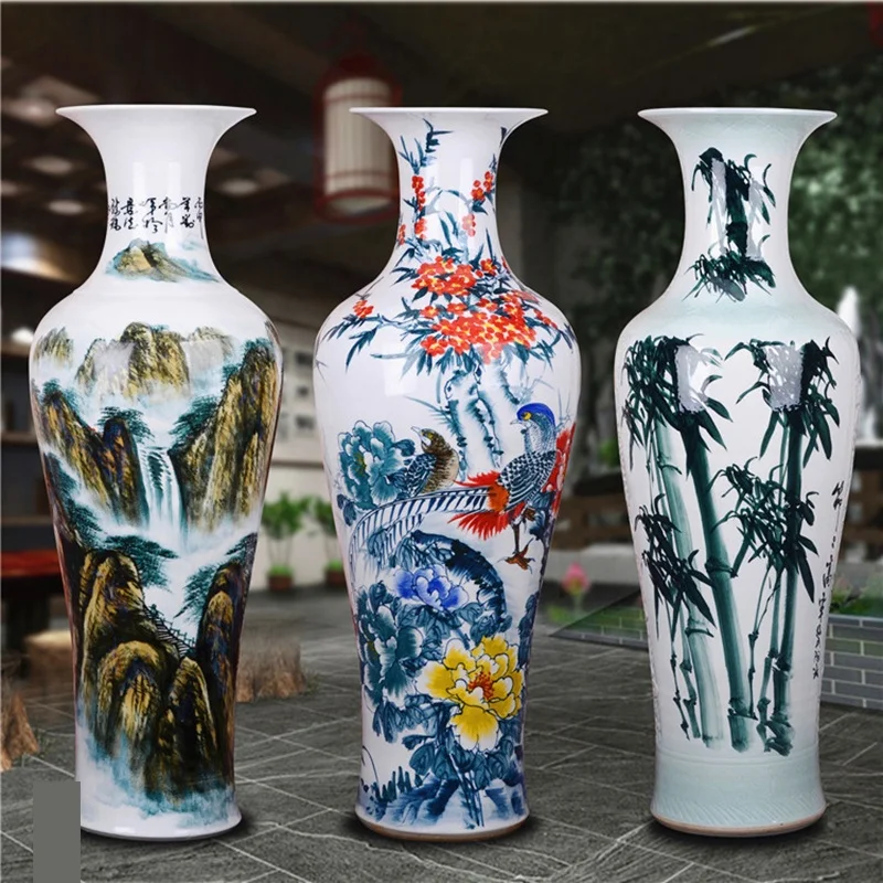 Hotel entrance decorative blue and white large vase  Luxury burgundy ceramic floor vase