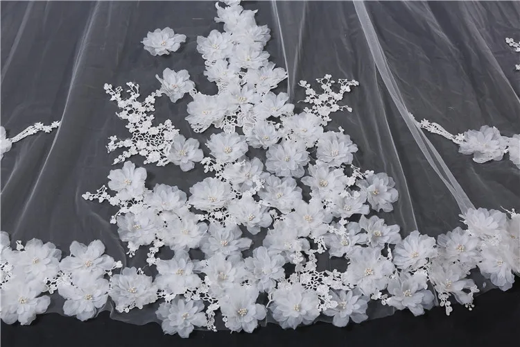 
4m Long Soft Tulle Lace appliques with 3D flowers Edging Muslim Bridal Veil Cathedral Train Wedding Veil 