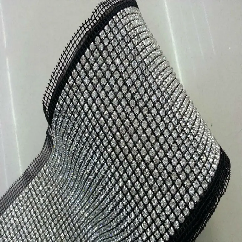 24rows 5mm sew on clear crystal rhinestone trimming mesh banding silver metal claw chain banding black base fabric