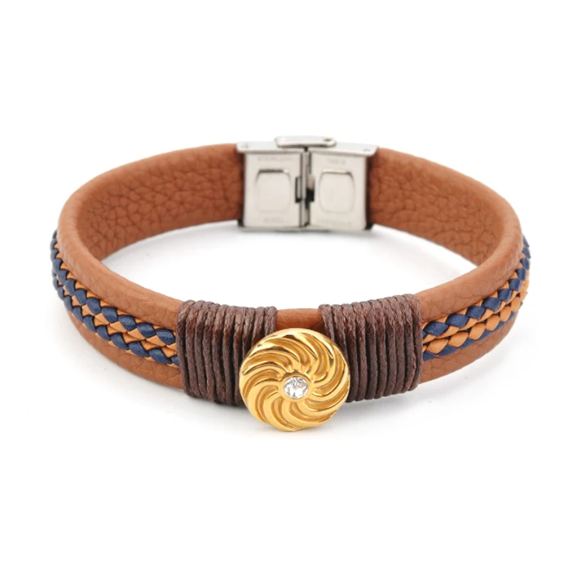 Beautiful Unique Unisex Designs Brown Leather Strap Bracelets With Gold Charms Stud