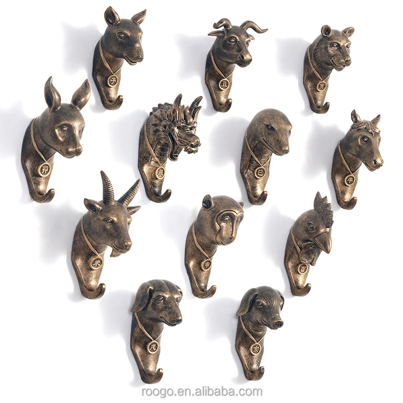 Roogo wholesale home decor simulation vintage bronze 12 zodiac snake head wall hanging hook