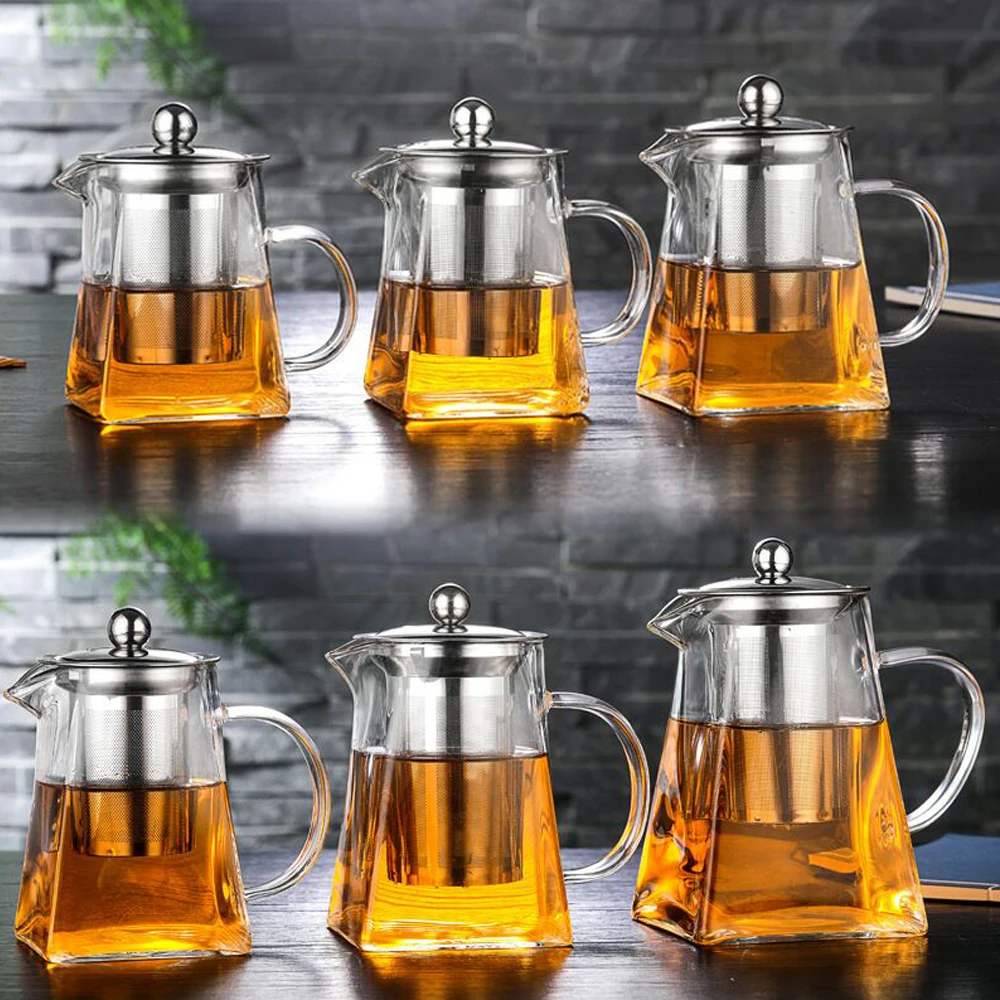 Heat Resistant Stainless Steel Handcrafted Borosilicate Glass Square Shape Tea Pot With Infuser