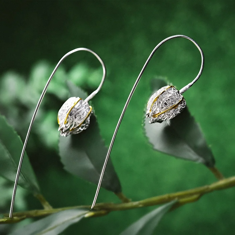 Custom Natural Stone Creative Design Physalis Fruits Cape gooseberry Dangle drop  Earrings 925 sterling silver with 18k jewelry