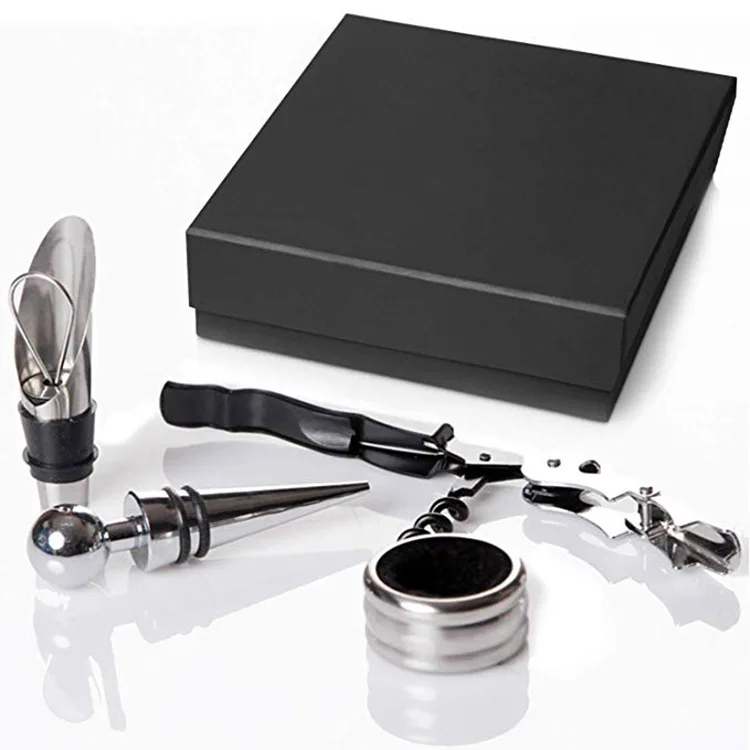 4Pcs Stainless Steel Wine Tool Kit Bottle Opener Corkscrew Set With Wine Stopper Pourer Drip Ring